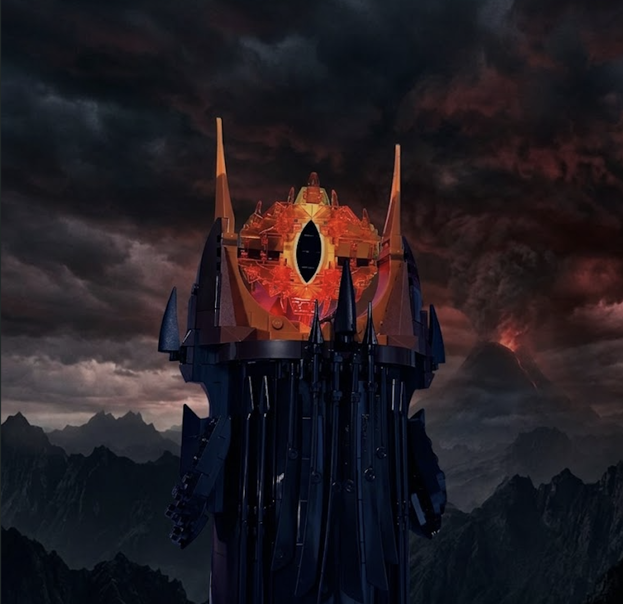 LEGO Barad-dûr tower with the glowing Eye of Sauron