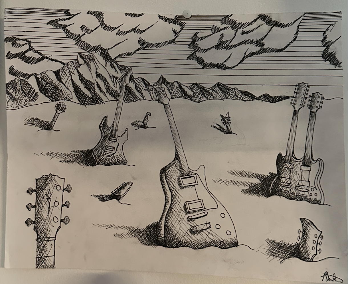 Pen and ink drawing of guitars half-buried in a desert landscape