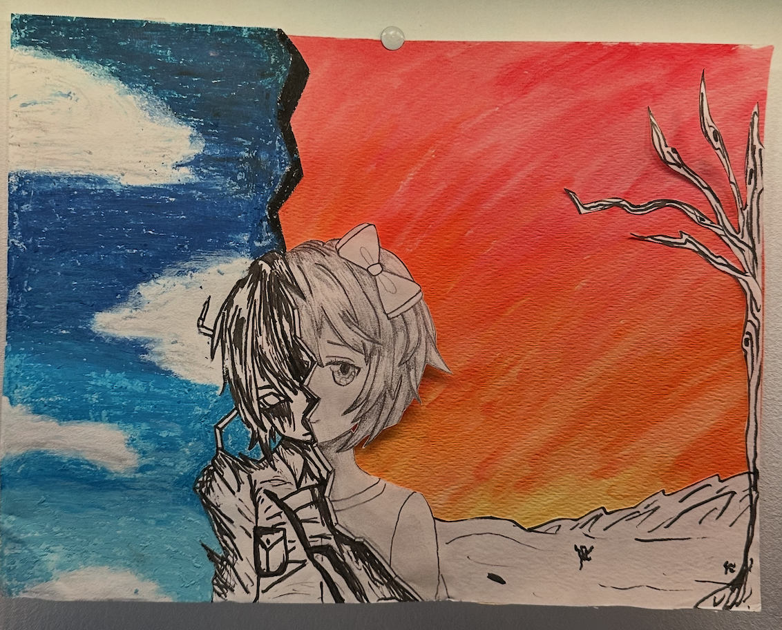 Mixed-media drawing with watercolor sky, oil pastel clouds, and ink character