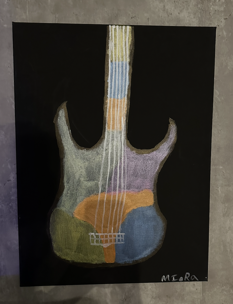 Abstract patchwork guitar painting on black canvas