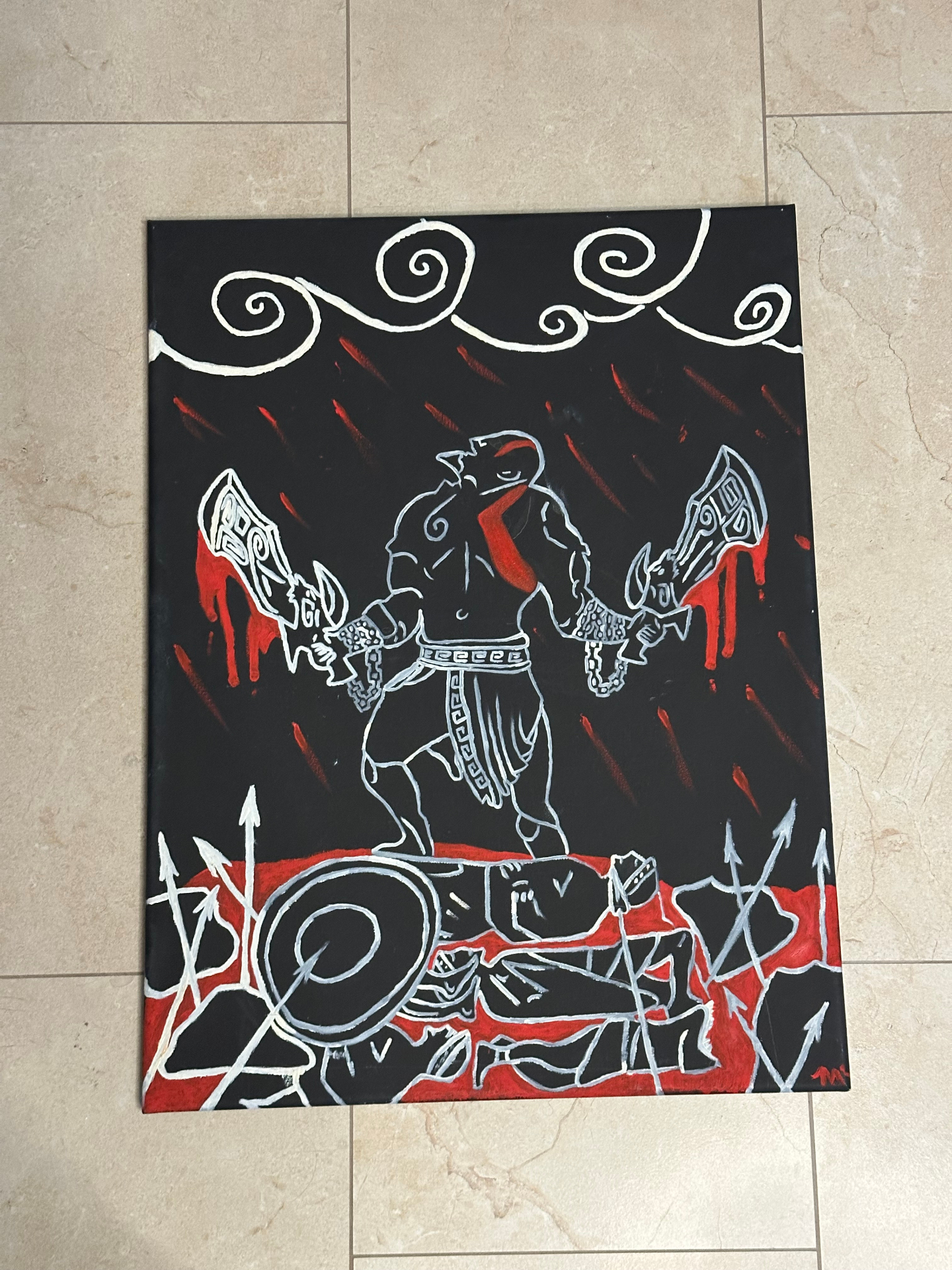 Greek warrior painting in red, black, and white